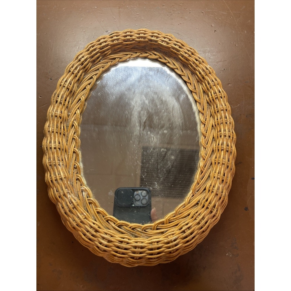 VTG 1970's 12"x9" Wicker Rattan Swivel Table Top Mirror No Bottom Mirror Only